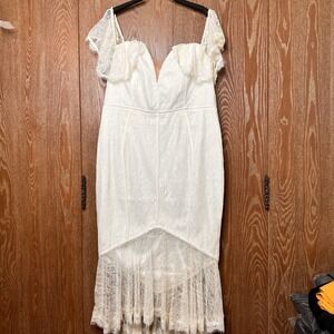 NWT City Chic Dress Lace Ivory Lace Sheath Off Shoulder Ruffle XS Body Con Fairy